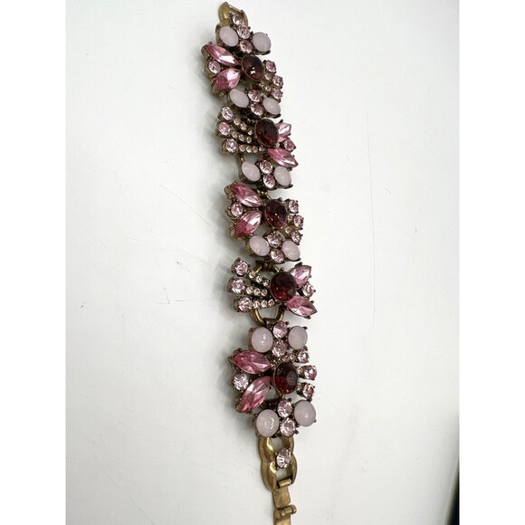 Vintage Pink Rhinestone Bracelet Aurora Style Opaline Cabochons 6.75” - Picture 3 of 9